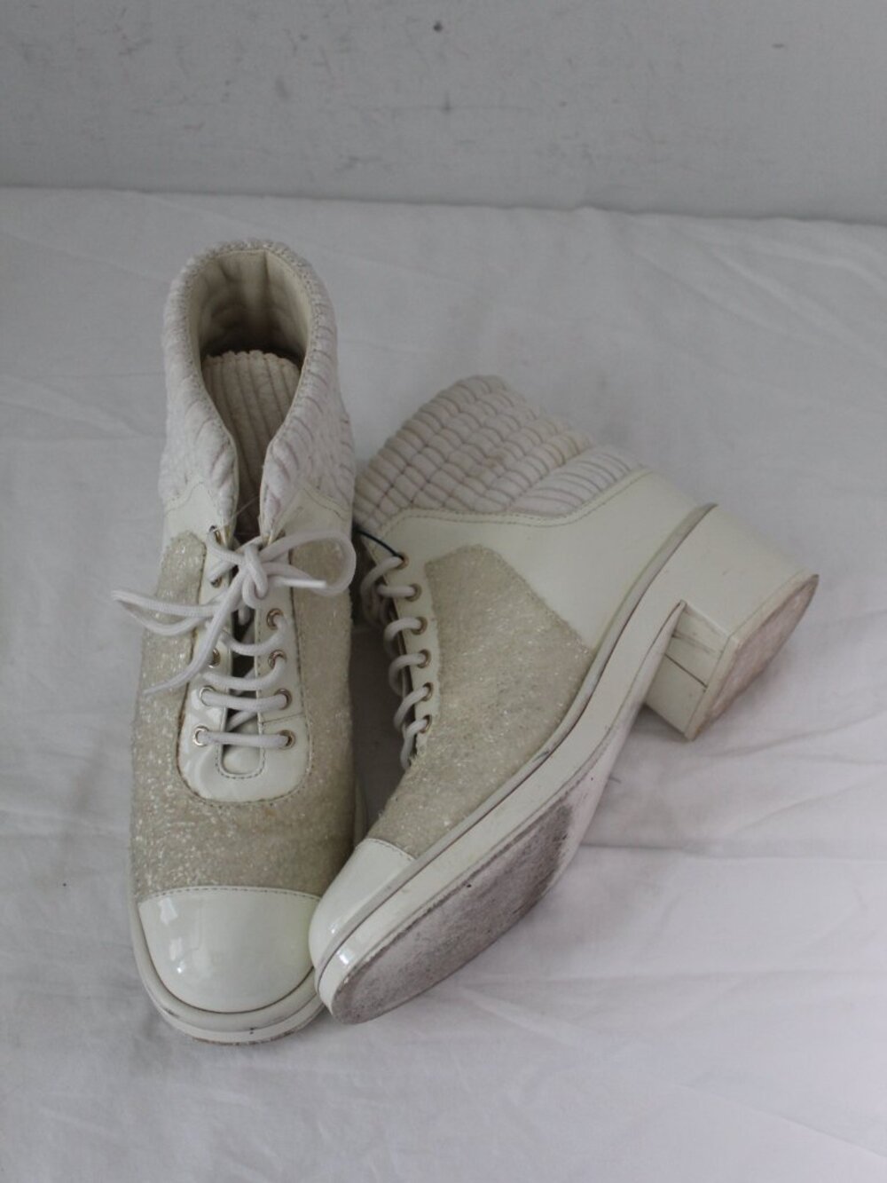 Chane White Patent Leather Glitter CC Knit Ankle Lace Combat Booties Boots 40.5 - Picture 2 of 13
